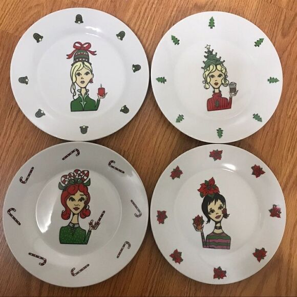 Set of 4 posh girl night Christmas holiday party collector ceramic plates - Picture 1 of 8